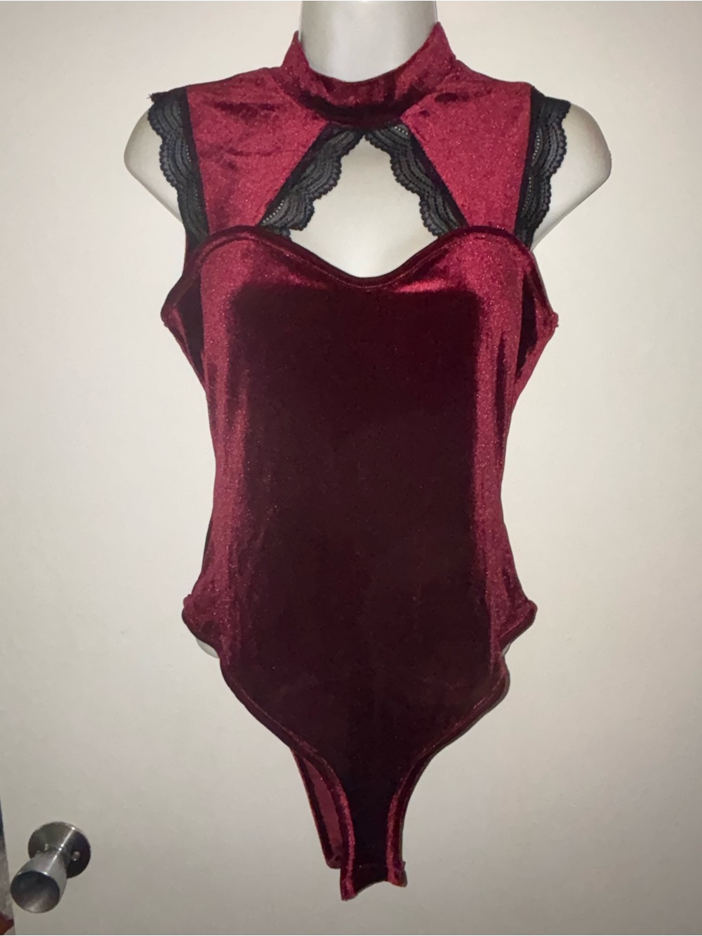 SHEIN Wine Red Velvet Lace-Trim High Neck Bodysuit